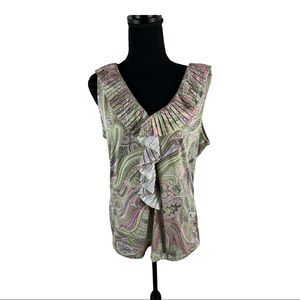 Talbots Pink/Green V-Neck Ruffle Front Paisley Sleeveless Top L